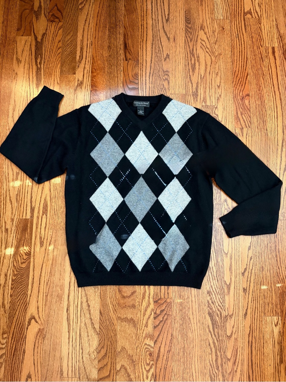 Grayson & Dunn 100% 2-Ply Cashmere Argyle V-Neck Sweater S Black Gray